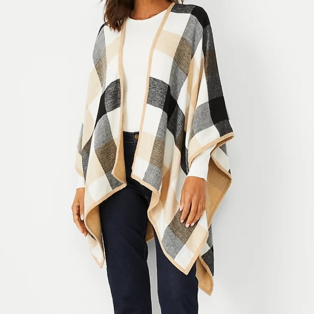 Ann Taylor Plaid Open Front Poncho